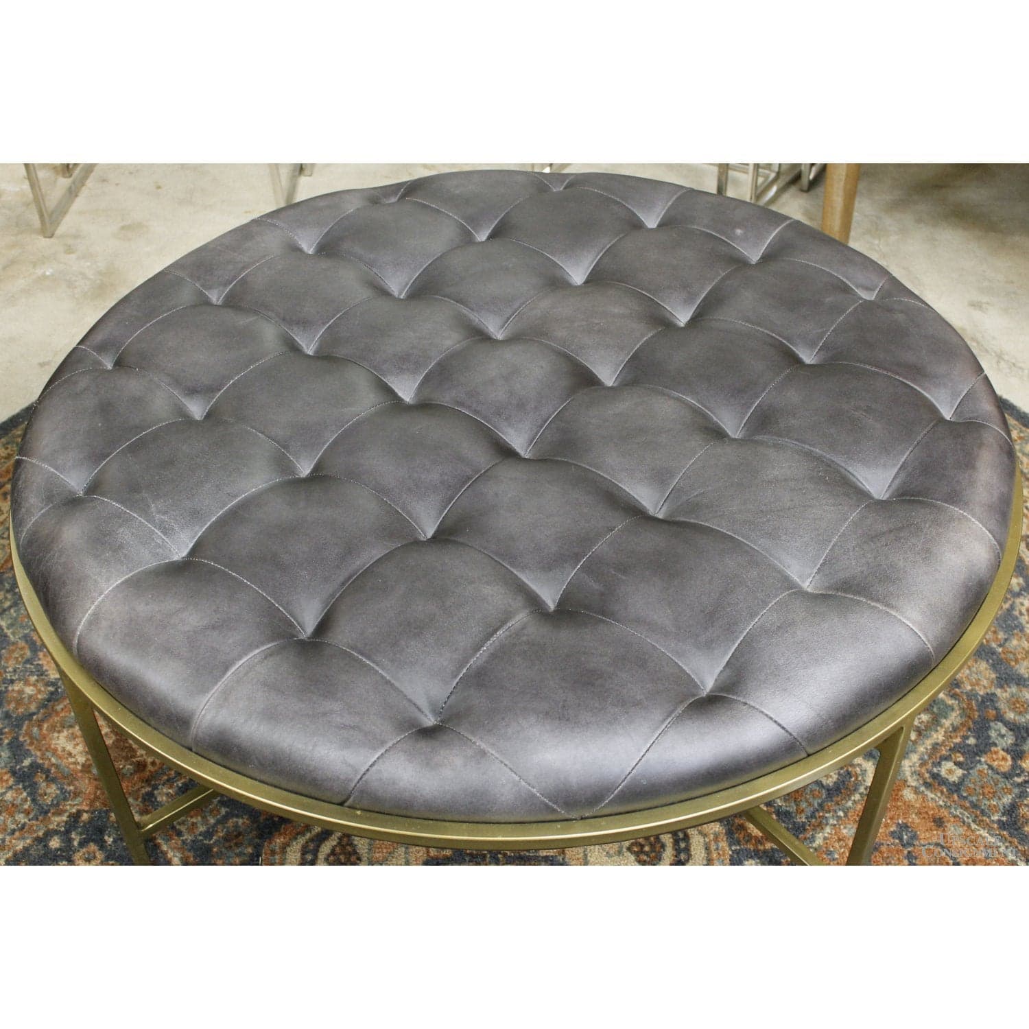 Edgemod Round Tufted Leather Coffee Table Ottoman - Black - Thumbnail 2
