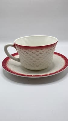Vintage Fire King Fish Scale Vitrock Cup And Saucer Red - Thumbnail 2