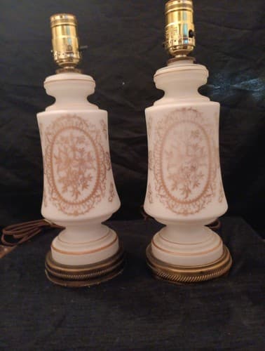 Vintage MCM White Gold Satin Glass Pair Dresser Lamps - Thumbnail 8
