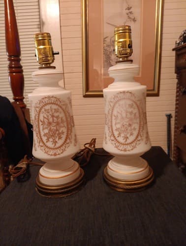 Vintage MCM White Gold Satin Glass Pair Dresser Lamps