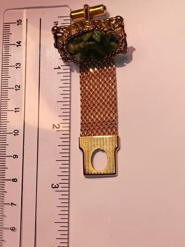 VTG MCM Cuff Links Men’s Green Jade Style Stone & Gold Tone Wraparound Mesh - Thumbnail 3