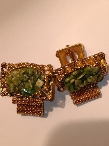 VTG MCM Cuff Links Men’s Green Jade Style Stone & Gold Tone Wraparound Mesh - Thumbnail 6