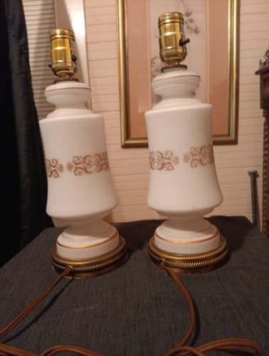 Vintage MCM White Gold Satin Glass Pair Dresser Lamps - Thumbnail 4