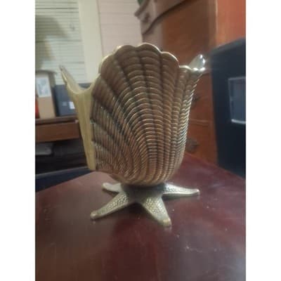 Vintage MCM Solid Brass Seashell Starfish Planter 5.5" Coastal Hollywood Regency - Thumbnail 4