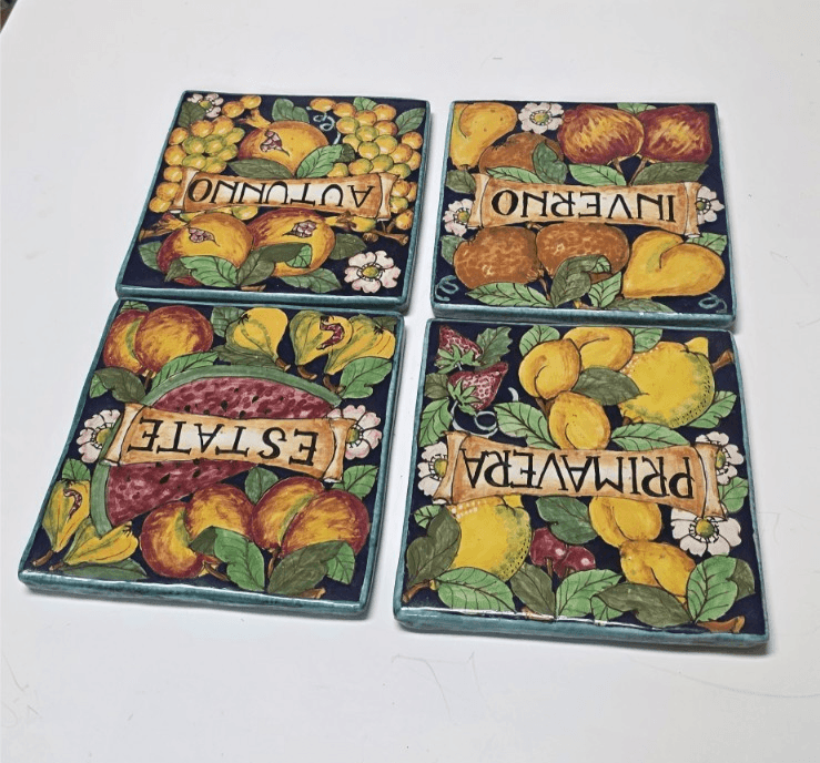 Parrini Italian Majolica 4 Seasons Tile Set Fruit Pottery 6x6 Blue Ceramic New