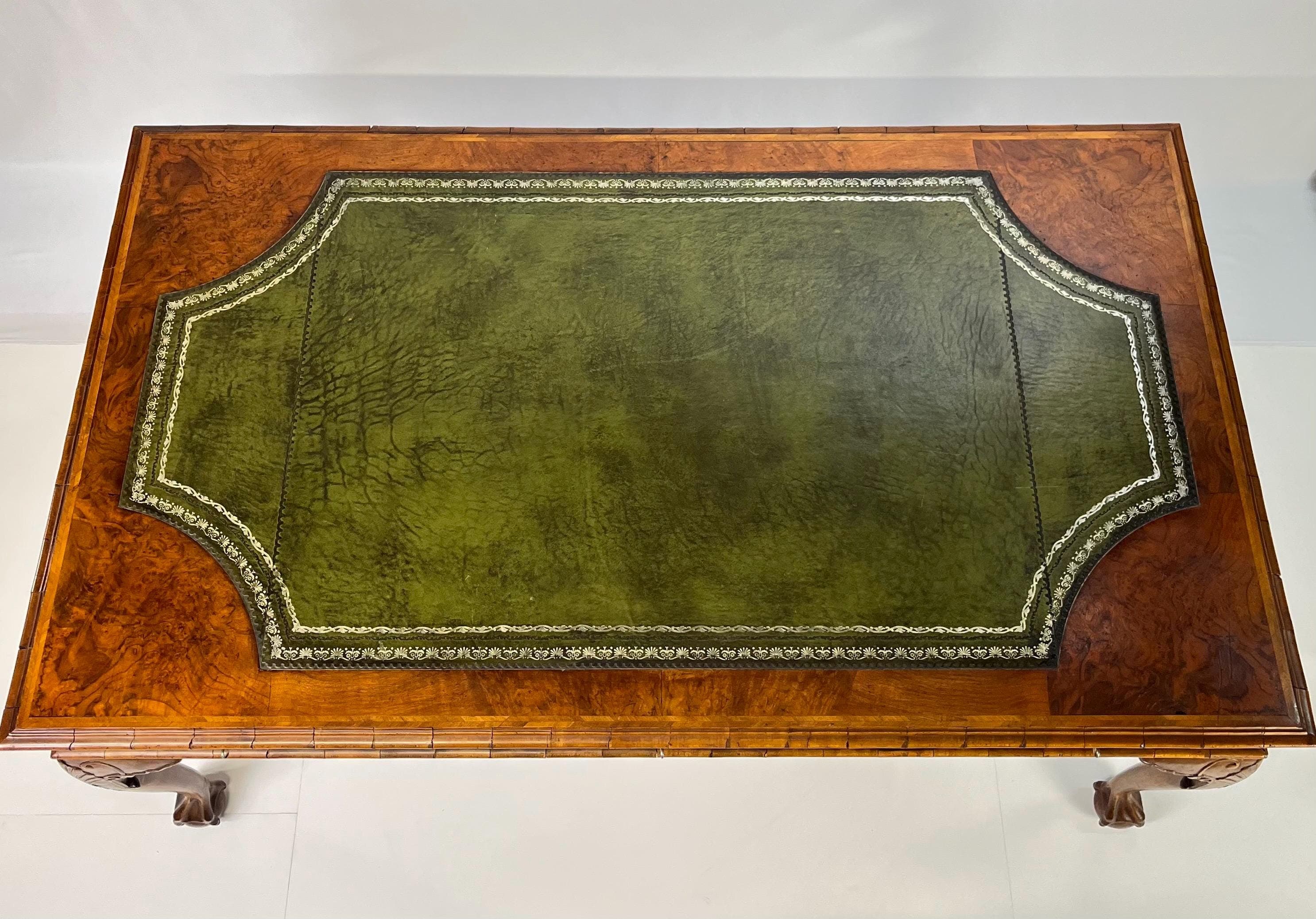 Large English Chippendale Style Burl Walnut Partners Desk With Ogee Molded Drawers - Thumbnail 5