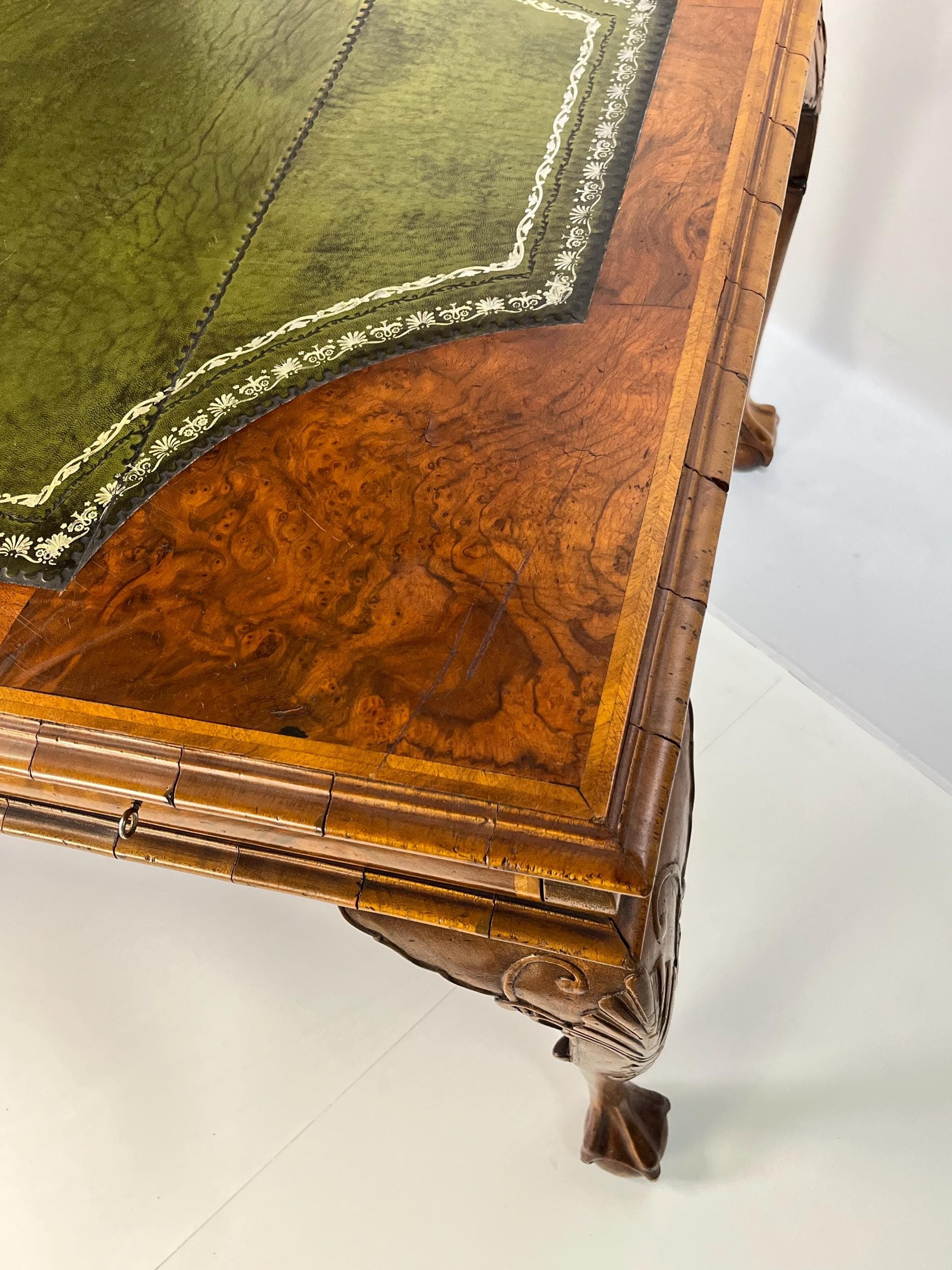 Large English Chippendale Style Burl Walnut Partners Desk With Ogee Molded Drawers - Thumbnail 18