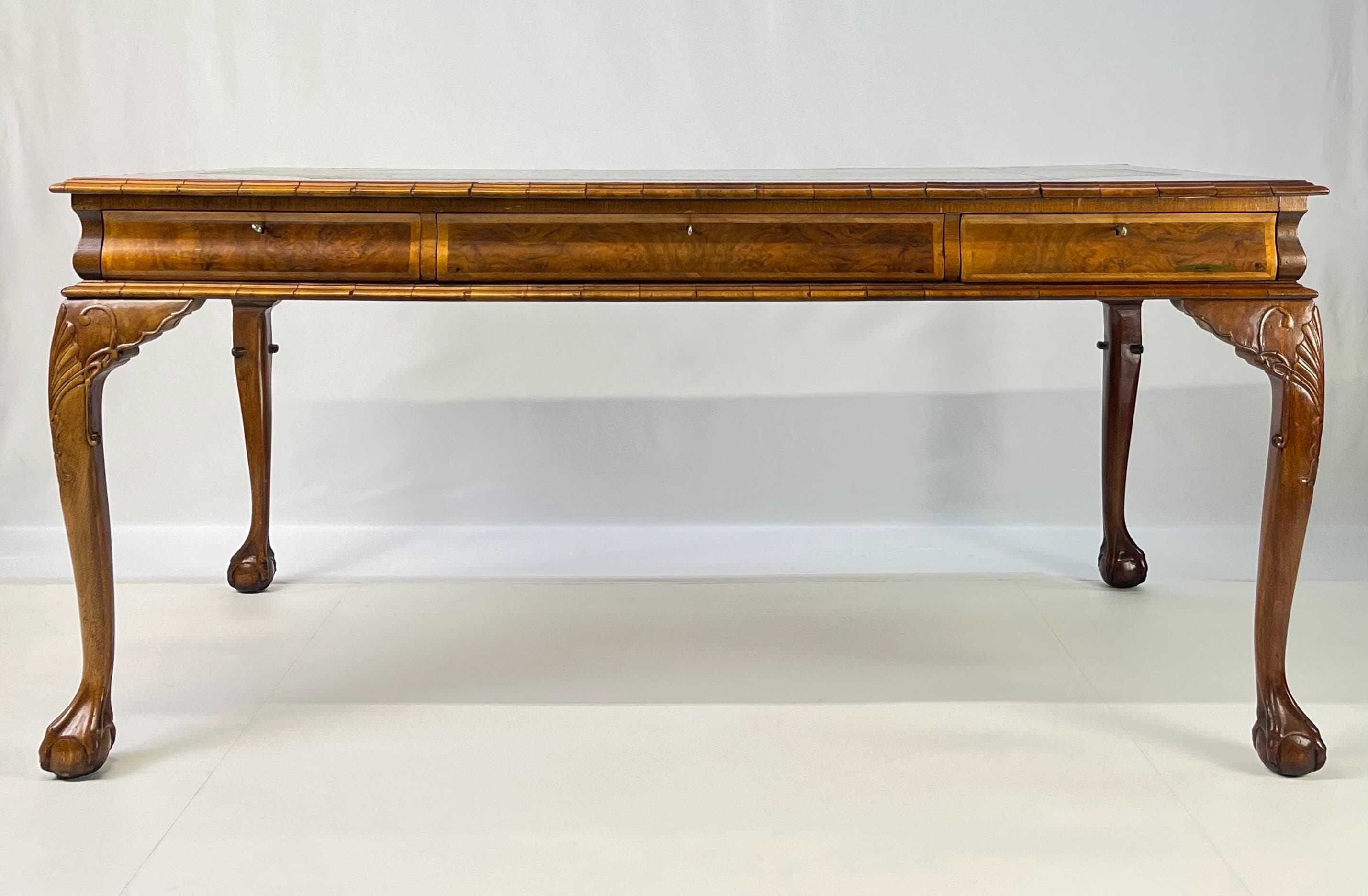 Large English Chippendale Style Burl Walnut Partners Desk With Ogee Molded Drawers - Thumbnail 12