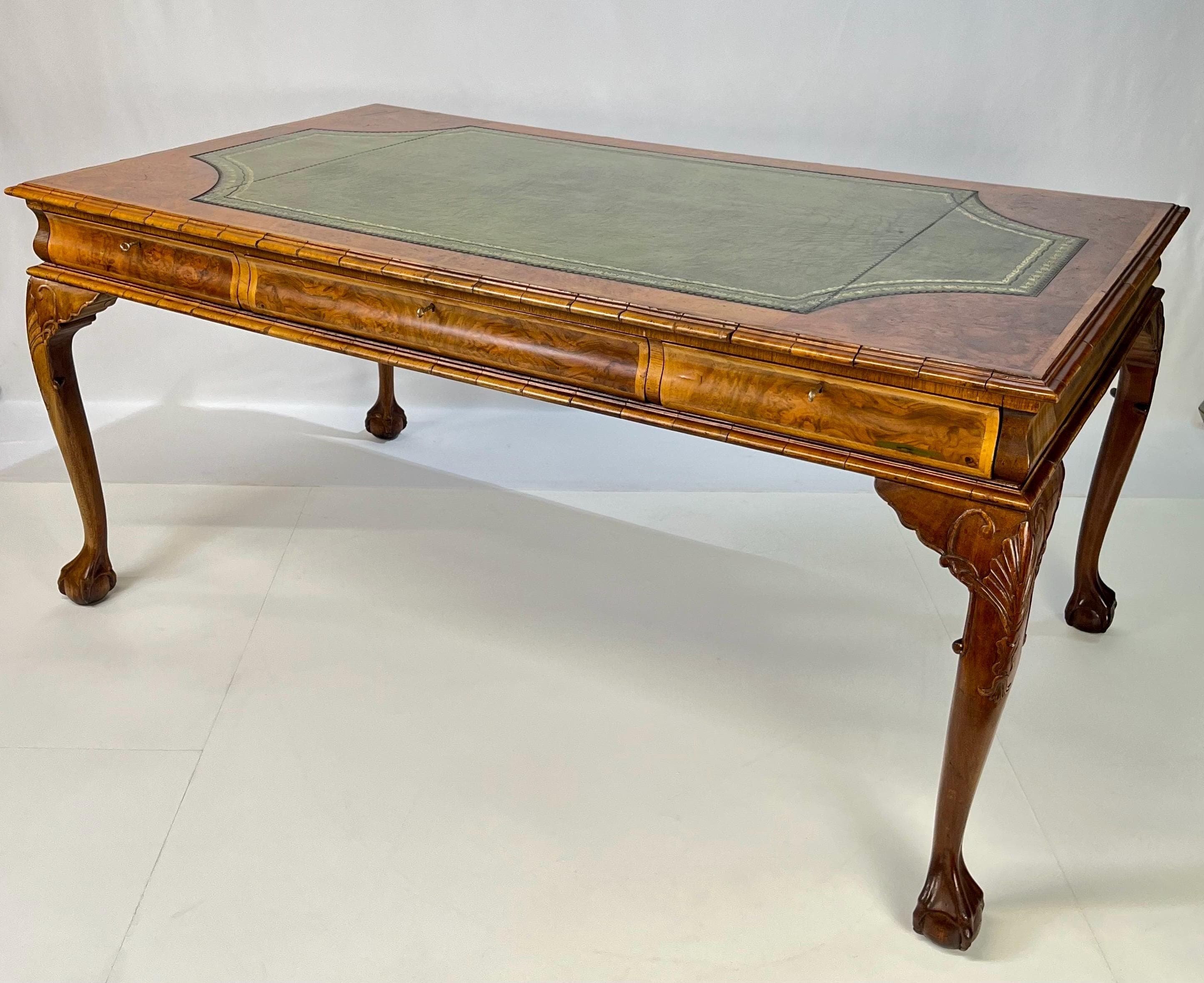 Large English Chippendale Style Burl Walnut Partners Desk With Ogee Molded Drawers - Thumbnail 8