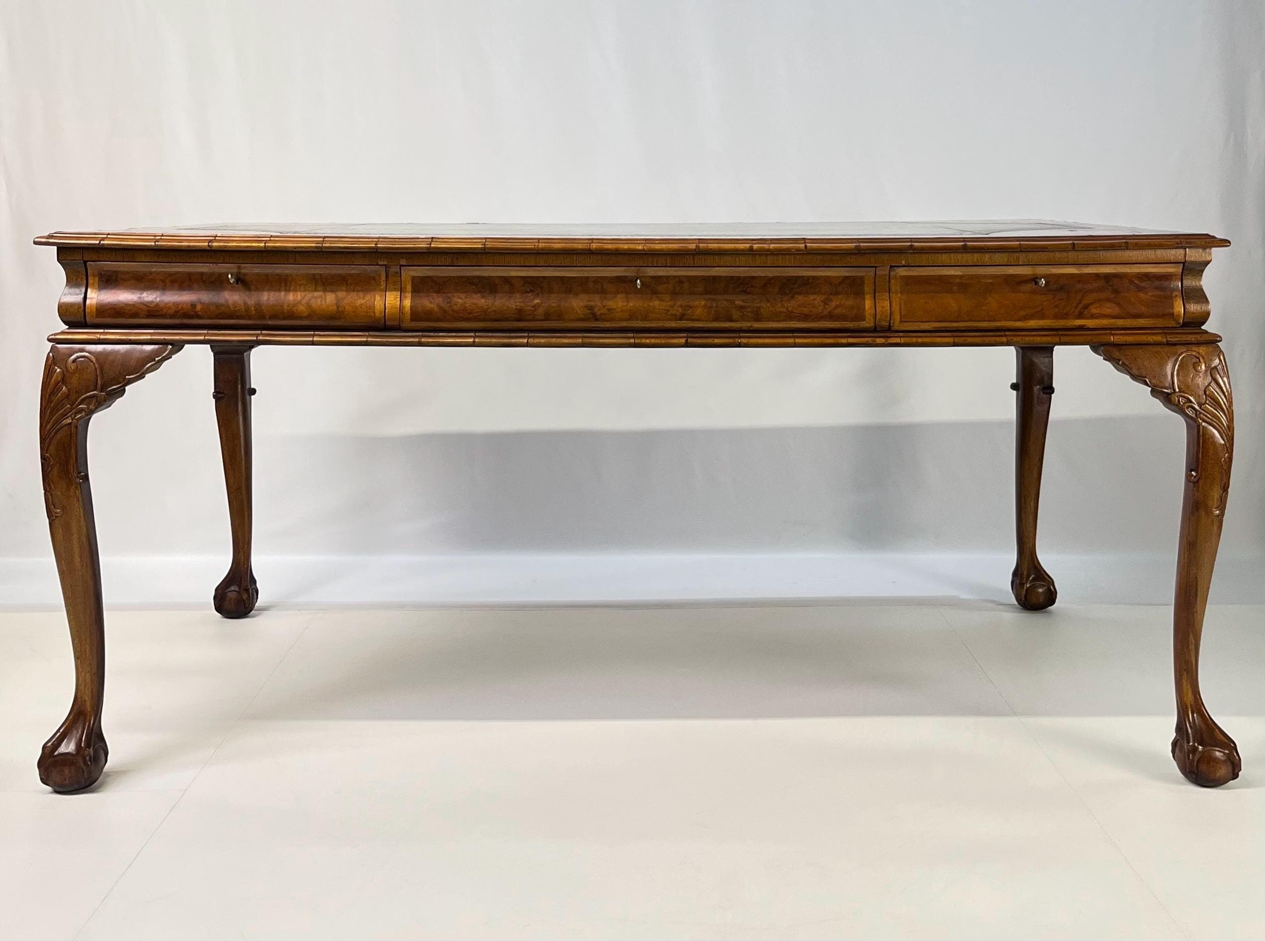 Large English Chippendale Style Burl Walnut Partners Desk With Ogee Molded Drawers - Thumbnail 3