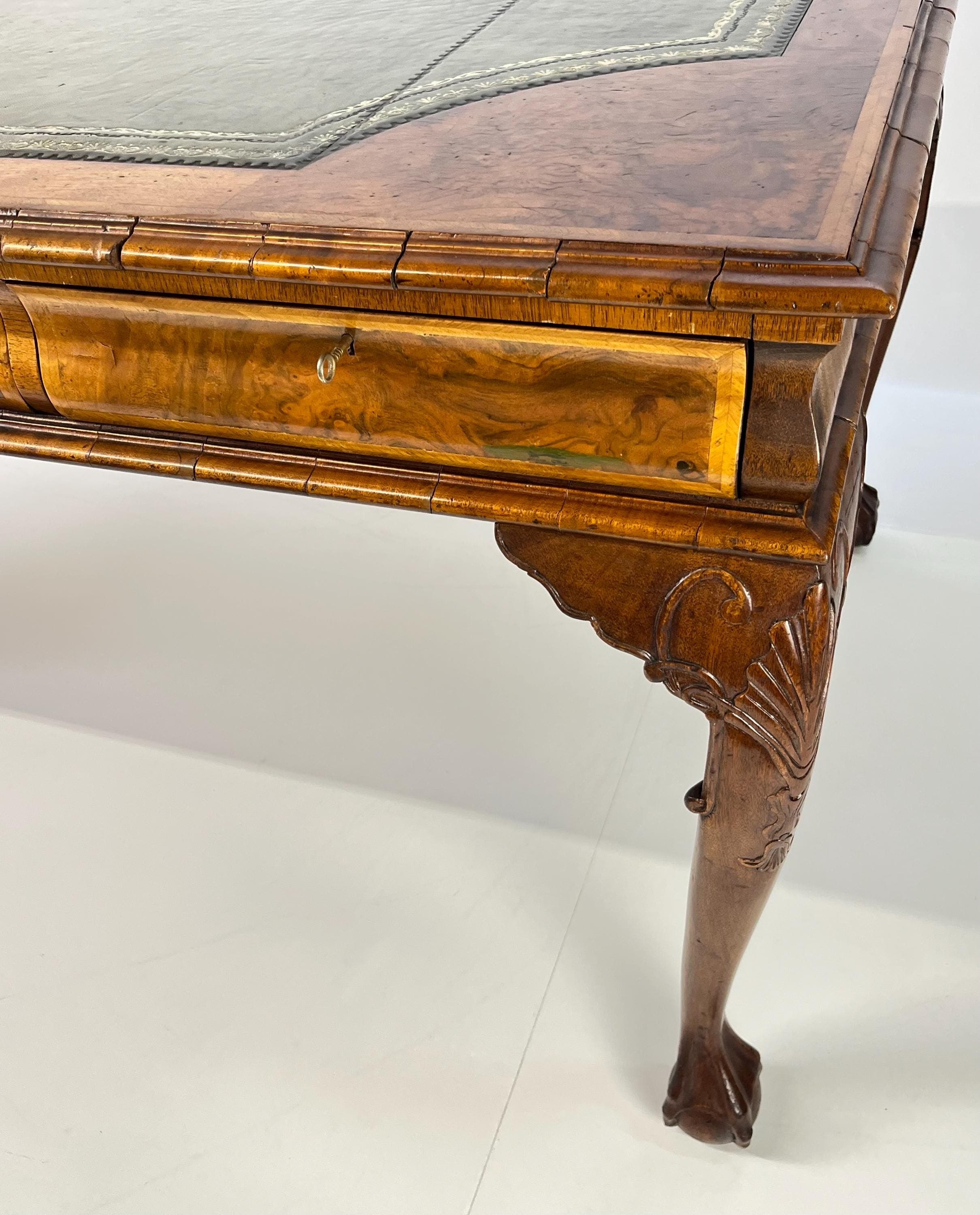 Large English Chippendale Style Burl Walnut Partners Desk With Ogee Molded Drawers - Thumbnail 14
