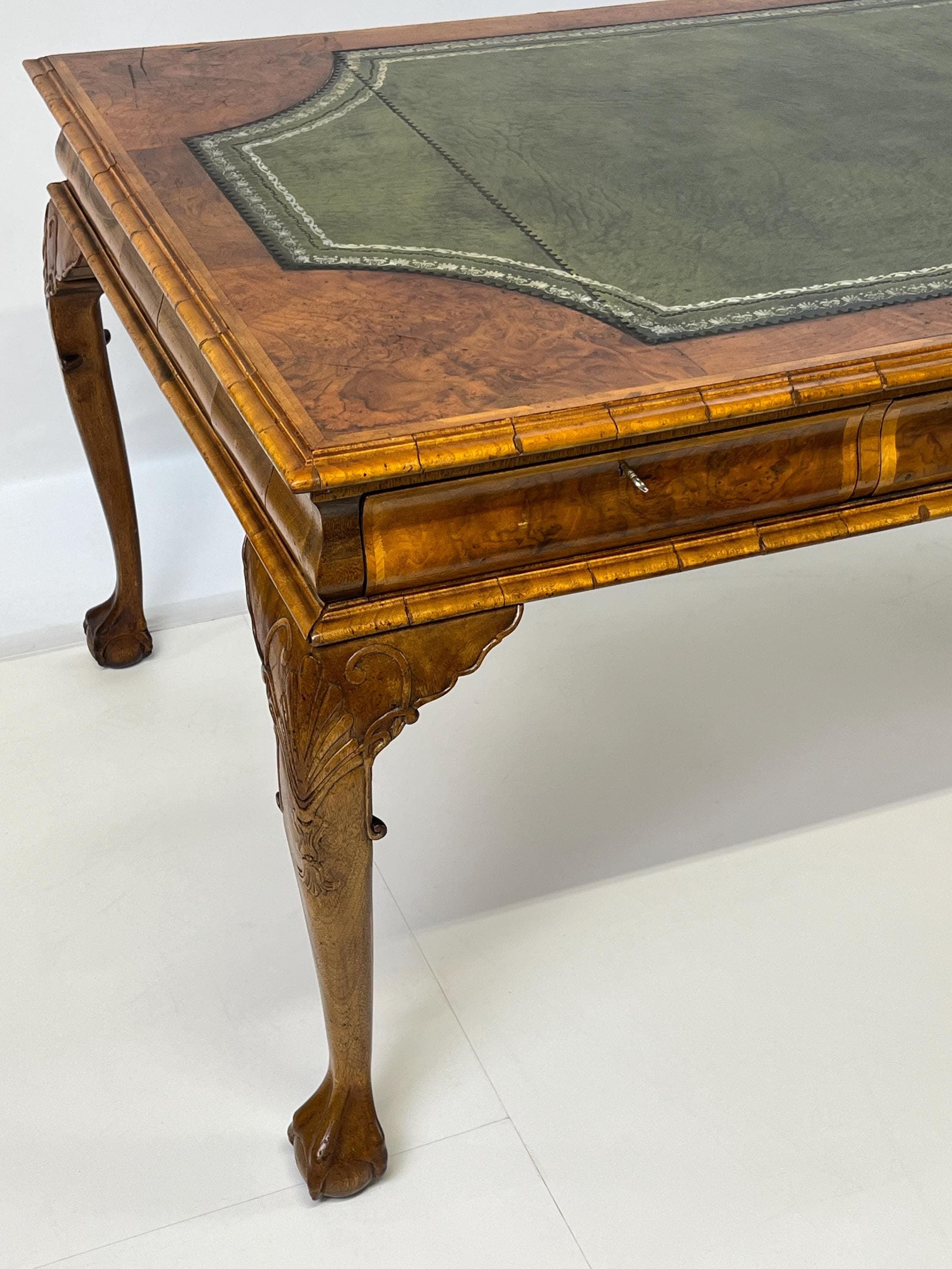 Large English Chippendale Style Burl Walnut Partners Desk With Ogee Molded Drawers - Thumbnail 13
