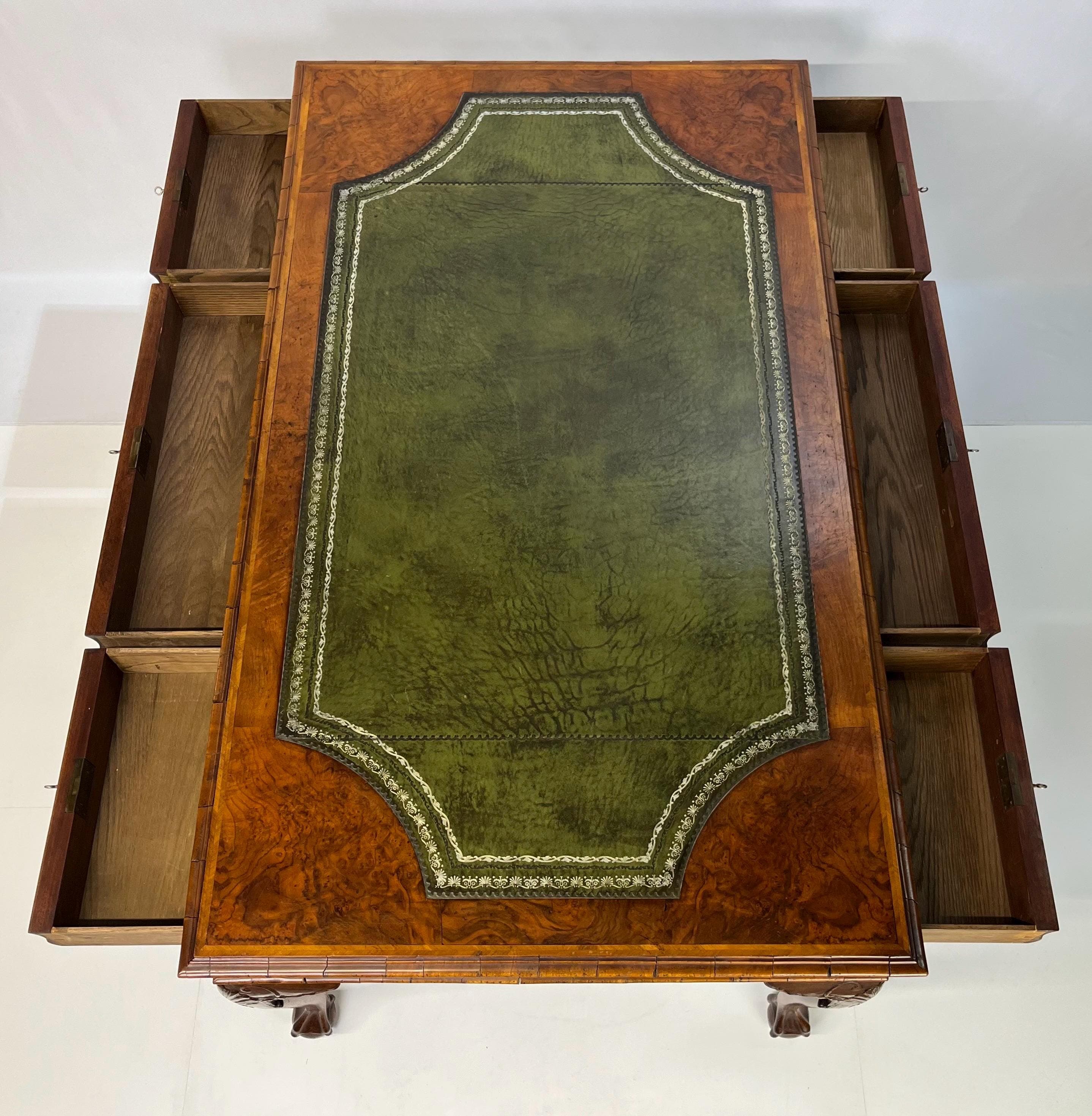 Large English Chippendale Style Burl Walnut Partners Desk With Ogee Molded Drawers - Thumbnail 9