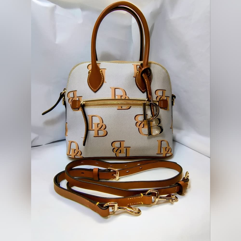 DOONEY & BOURKE Monogram Ash/Beige Canvas & Brown Leather Domed Satchel (NWOT) - Thumbnail 17