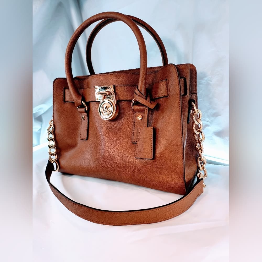 MICHAEL KORS Cognac Hamilton Saffiano Leather Satchel with Gold-Tone Chain Strap - Thumbnail 17