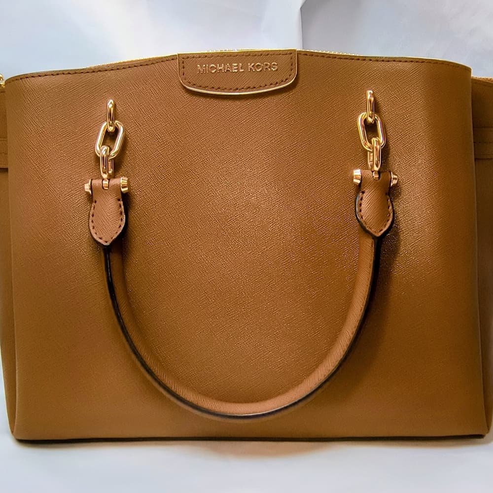 MICHAEL KORS Rochelle Satchel in Cognac Saffino Leather with Gold-toned Hardware - Thumbnail 16
