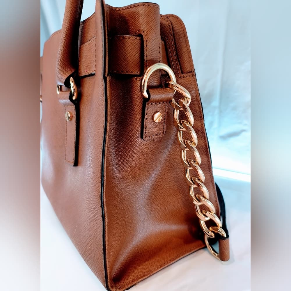 MICHAEL KORS Cognac Hamilton Saffiano Leather Satchel with Gold-Tone Chain Strap - Thumbnail 4