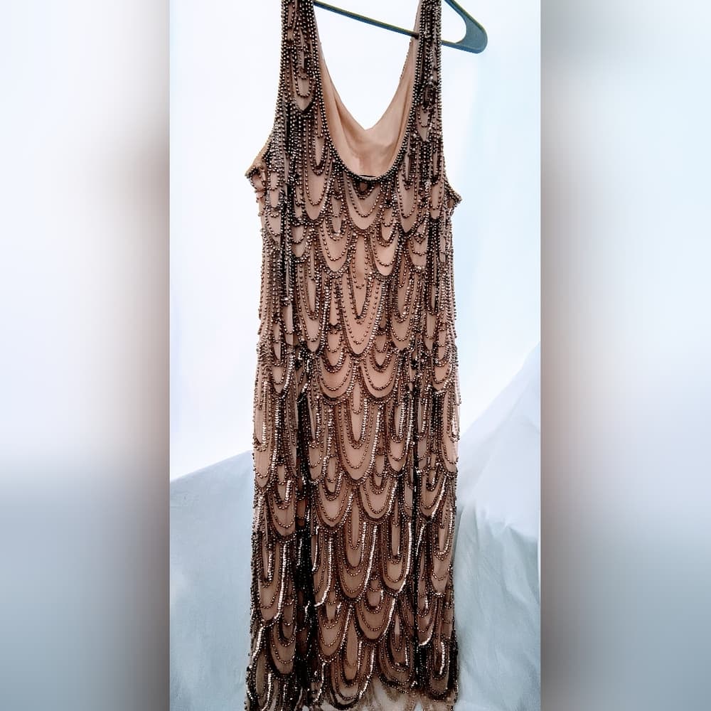 Chic Beaded Tan Midi Dress - Thumbnail 6