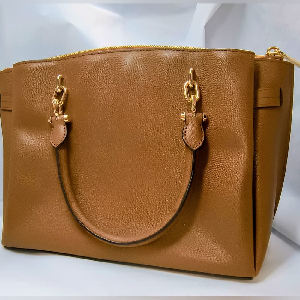 MICHAEL KORS Rochelle Satchel in Cognac Saffino Leather with Gold-toned Hardware - Thumbnail 3