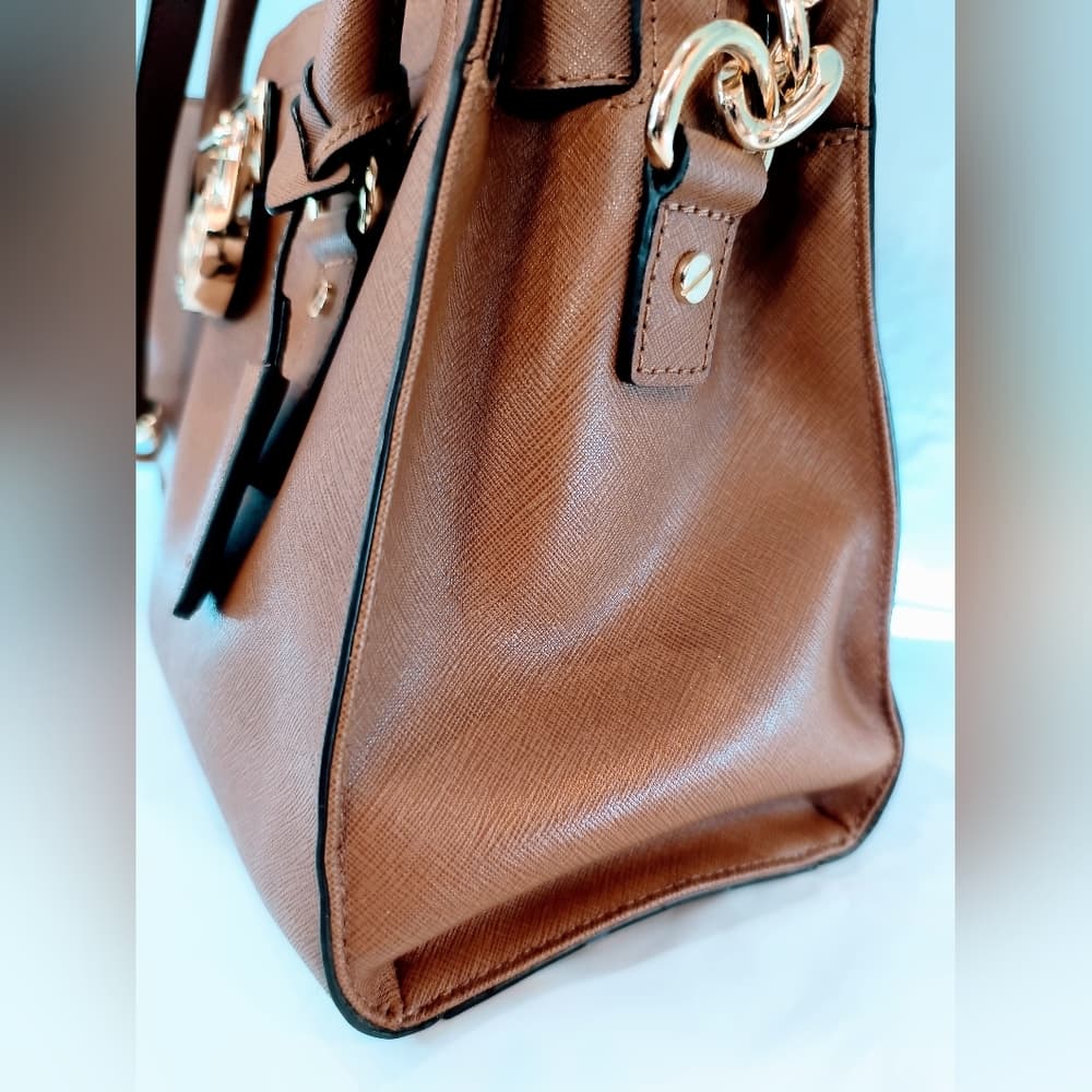 MICHAEL KORS Cognac Hamilton Saffiano Leather Satchel with Gold-Tone Chain Strap - Thumbnail 2