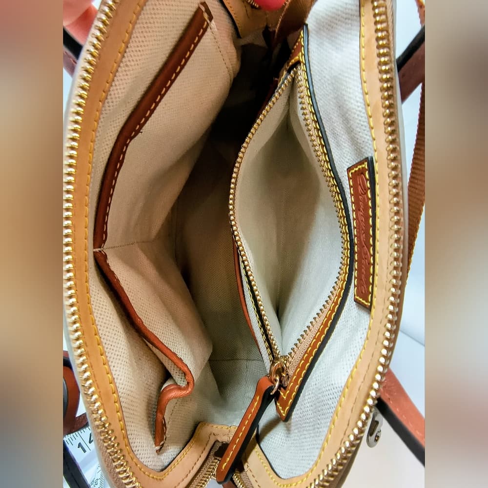 DOONEY & BOURKE Monogram Ash/Beige Canvas & Brown Leather Domed Satchel (NWOT) - Thumbnail 10