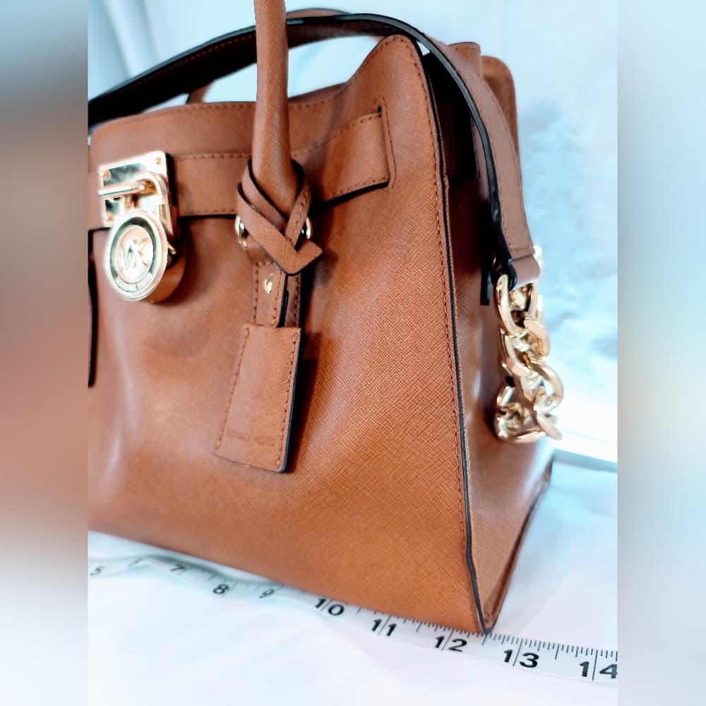MICHAEL KORS Cognac Hamilton Saffiano Leather Satchel with Gold-Tone Chain Strap - Thumbnail 13