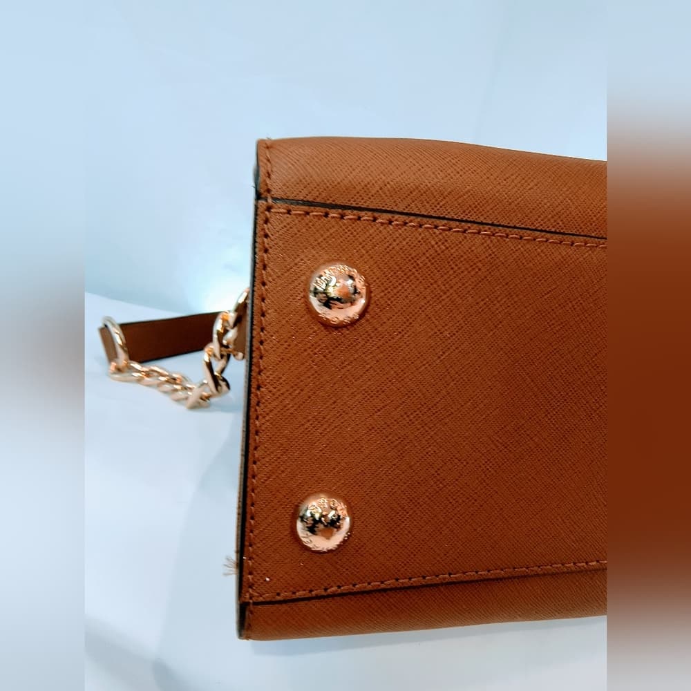 MICHAEL KORS Cognac Hamilton Saffiano Leather Satchel with Gold-Tone Chain Strap - Thumbnail 7
