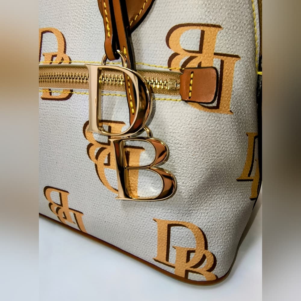 DOONEY & BOURKE Monogram Ash/Beige Canvas & Brown Leather Domed Satchel (NWOT) - Thumbnail 8