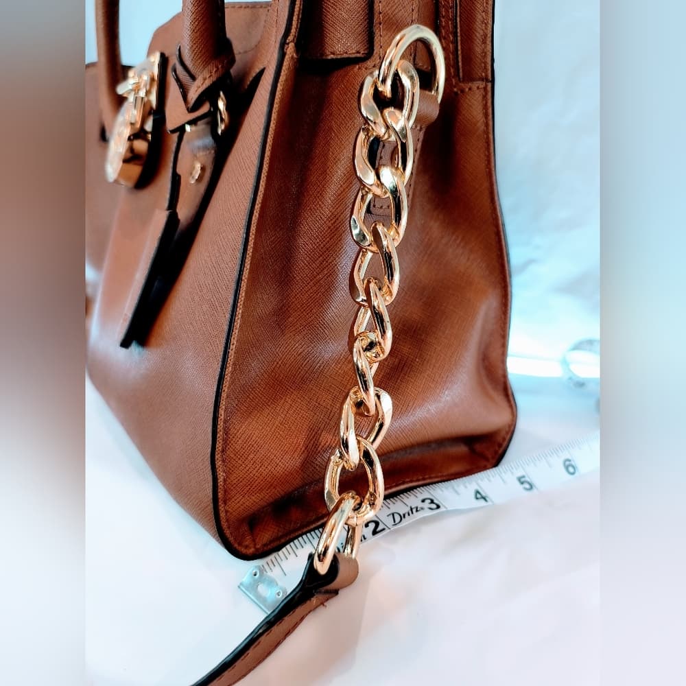 MICHAEL KORS Cognac Hamilton Saffiano Leather Satchel with Gold-Tone Chain Strap - Thumbnail 15