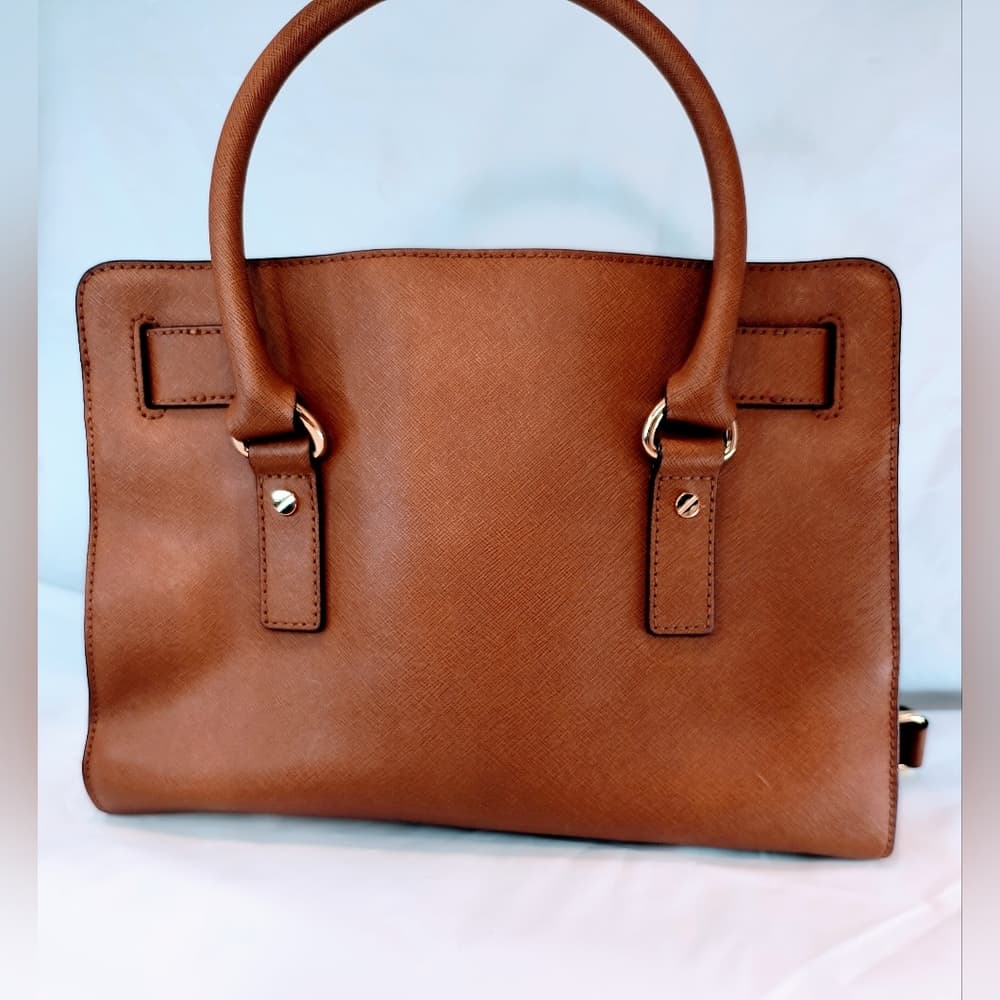 MICHAEL KORS Cognac Hamilton Saffiano Leather Satchel with Gold-Tone Chain Strap - Thumbnail 3