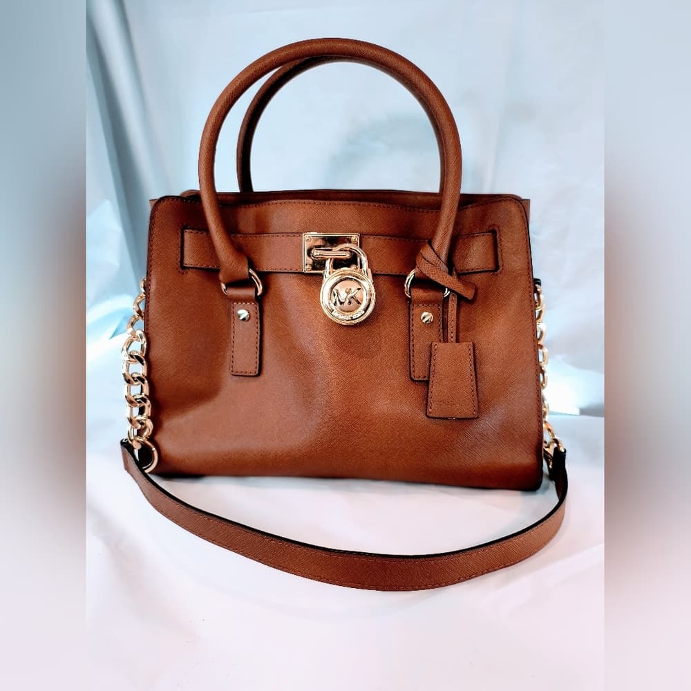 MICHAEL KORS Cognac Hamilton Saffiano Leather Satchel with Gold-Tone Chain Strap - Thumbnail 16