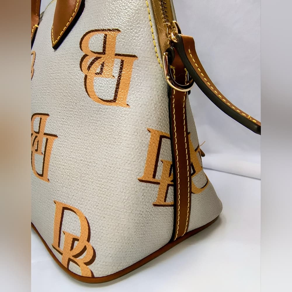 DOONEY & BOURKE Monogram Ash/Beige Canvas & Brown Leather Domed Satchel (NWOT) - Thumbnail 4