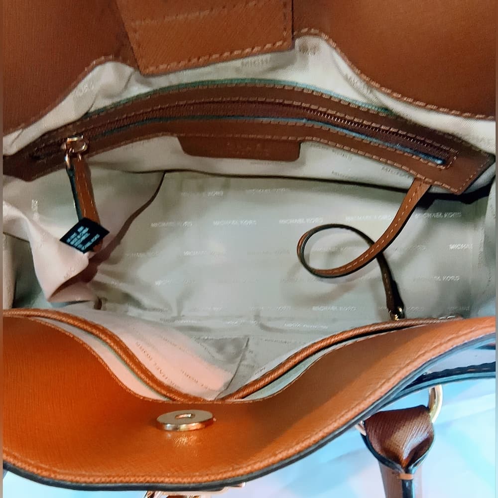 MICHAEL KORS Cognac Hamilton Saffiano Leather Satchel with Gold-Tone Chain Strap - Thumbnail 9