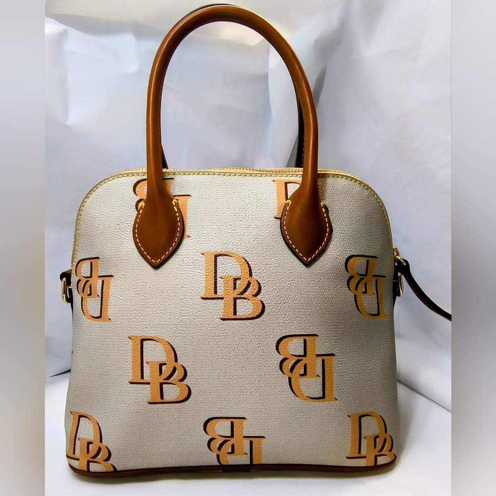 DOONEY & BOURKE Monogram Ash/Beige Canvas & Brown Leather Domed Satchel (NWOT) - Thumbnail 3