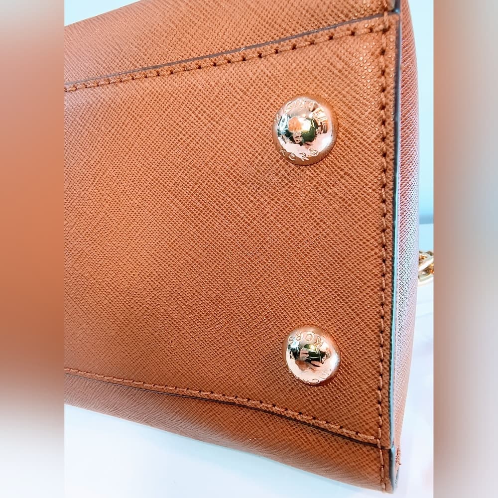MICHAEL KORS Cognac Hamilton Saffiano Leather Satchel with Gold-Tone Chain Strap - Thumbnail 6