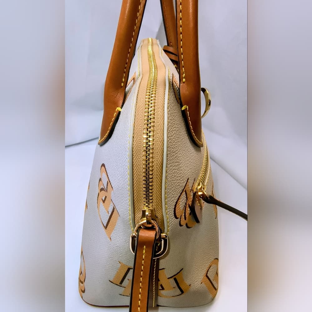 DOONEY & BOURKE Monogram Ash/Beige Canvas & Brown Leather Domed Satchel (NWOT) - Thumbnail 9