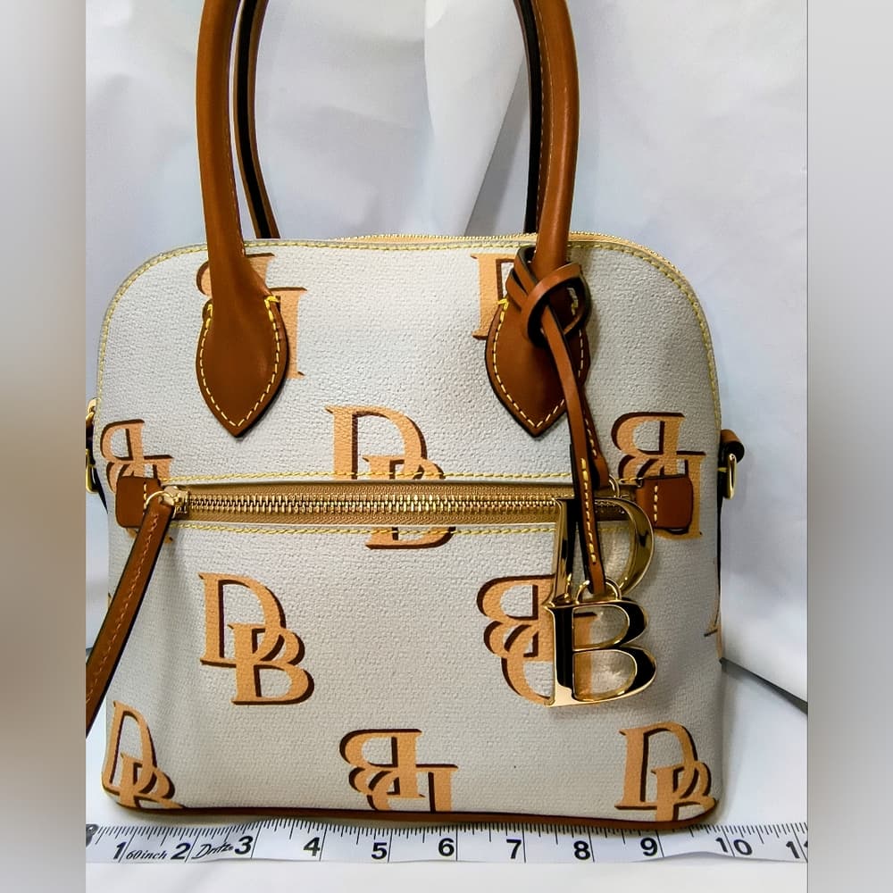 DOONEY & BOURKE Monogram Ash/Beige Canvas & Brown Leather Domed Satchel (NWOT) - Thumbnail 14