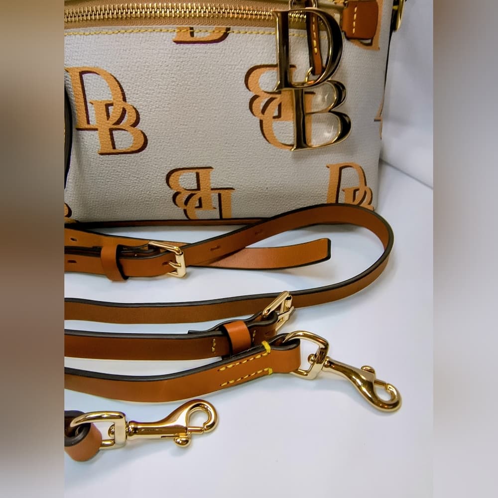 DOONEY & BOURKE Monogram Ash/Beige Canvas & Brown Leather Domed Satchel (NWOT) - Thumbnail 7