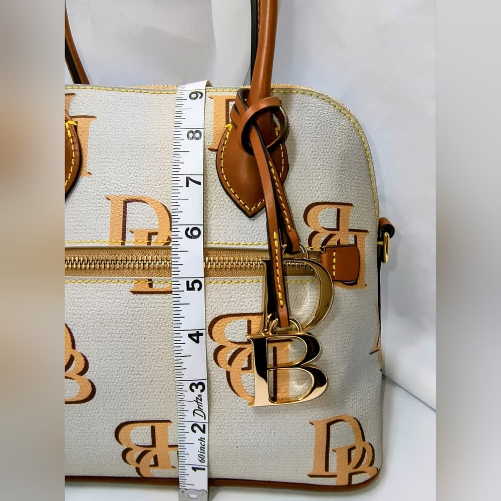 DOONEY & BOURKE Monogram Ash/Beige Canvas & Brown Leather Domed Satchel (NWOT) - Thumbnail 15