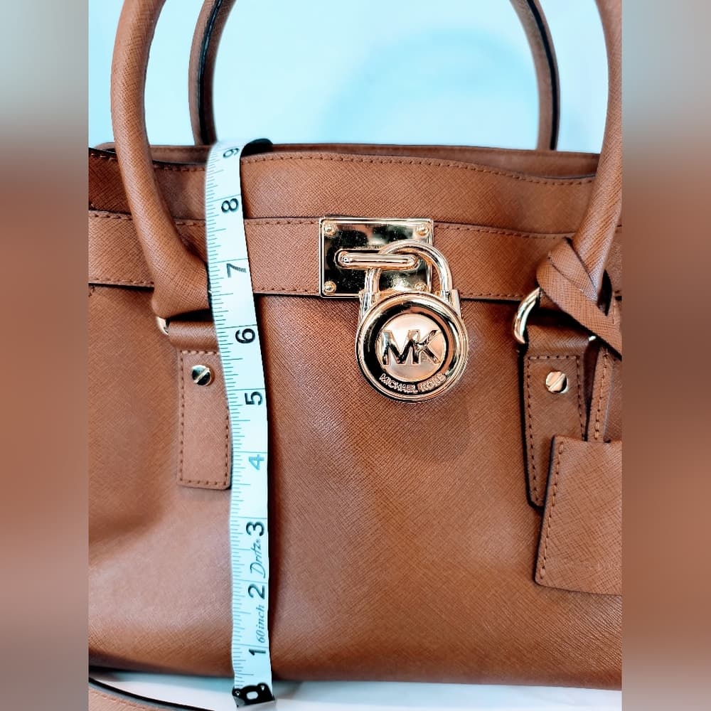 MICHAEL KORS Cognac Hamilton Saffiano Leather Satchel with Gold-Tone Chain Strap - Thumbnail 14