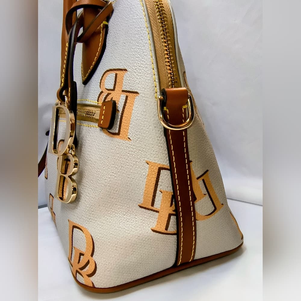 DOONEY & BOURKE Monogram Ash/Beige Canvas & Brown Leather Domed Satchel (NWOT) - Thumbnail 2