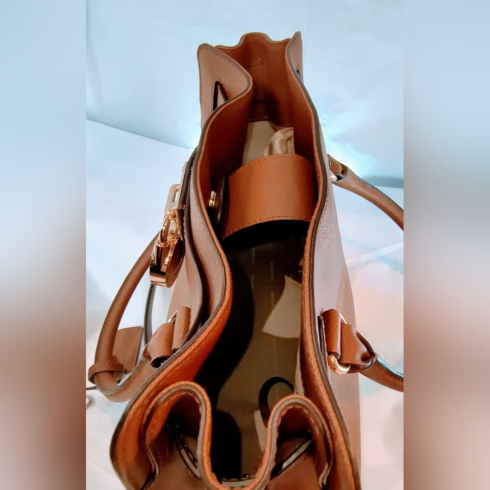 MICHAEL KORS Cognac Hamilton Saffiano Leather Satchel with Gold-Tone Chain Strap - Thumbnail 8