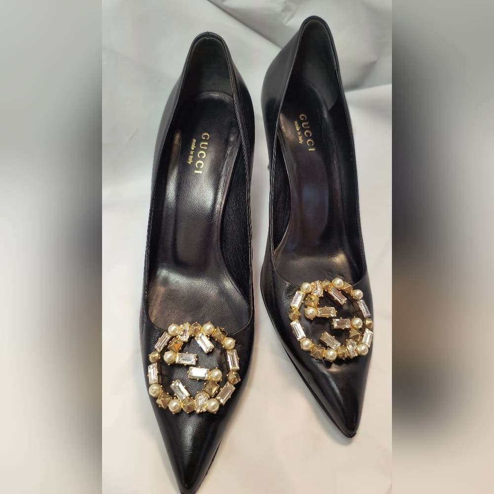 GUCCI Black Heels with Gold & Crystal Accents, Size 36 - Thumbnail 15