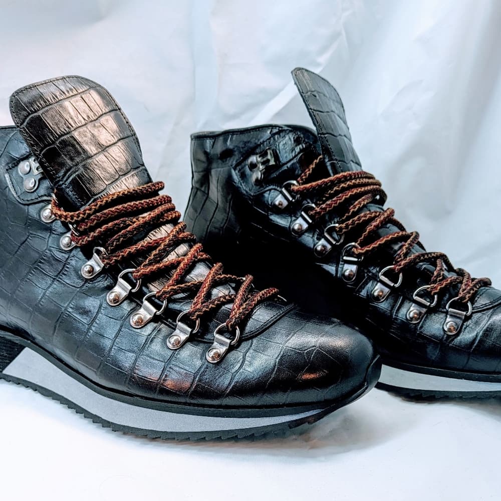 PRADA NEW Men's Black Crocodile Pattern Hiking Boots, Size 43 - Thumbnail 14