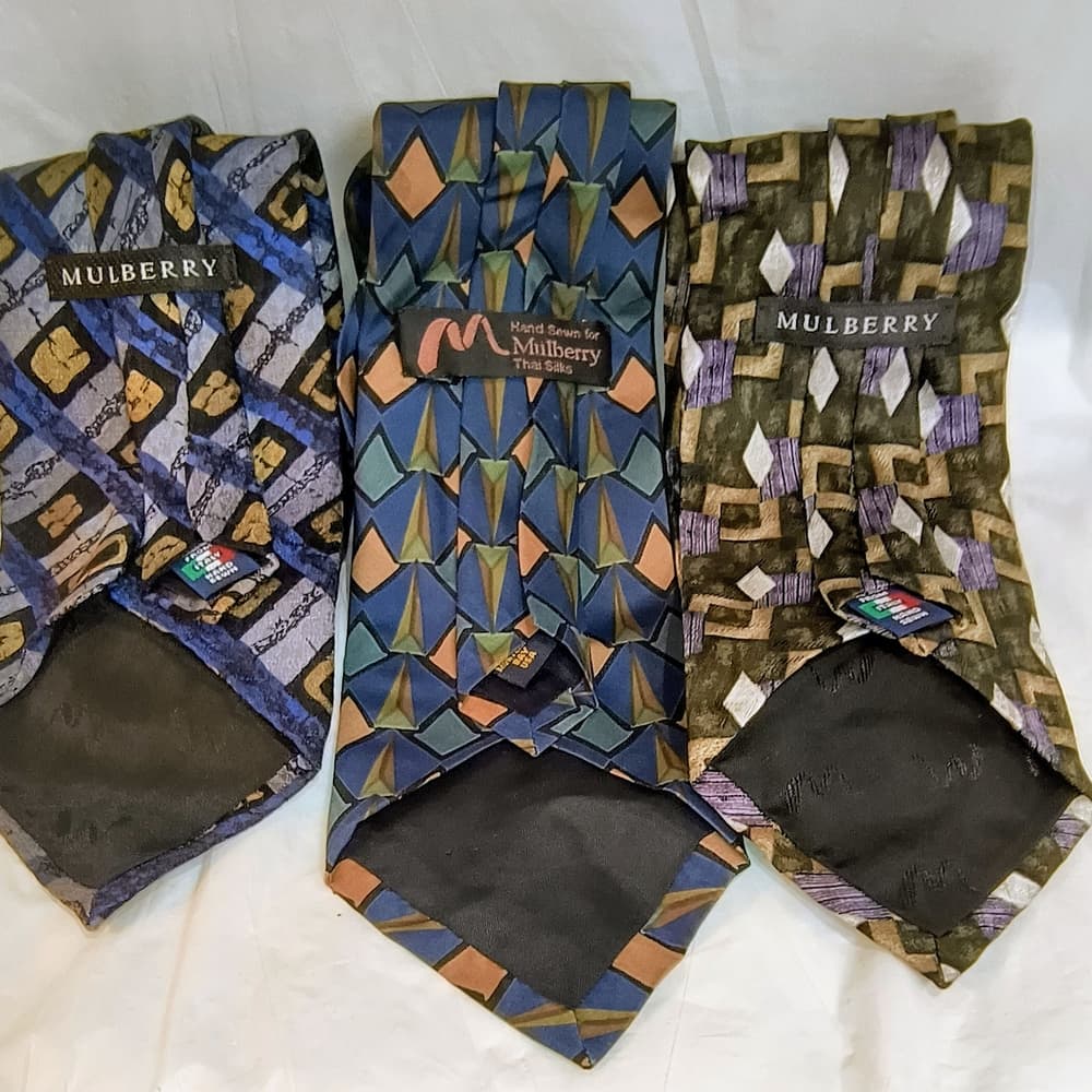 MULBERRY - 2 Mulberry Geometric Pattern Ties & 1 Thai Silk Tie Bundle