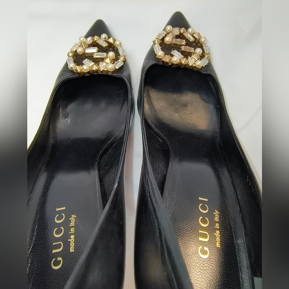 GUCCI Black Heels with Gold & Crystal Accents, Size 36 - Thumbnail 3