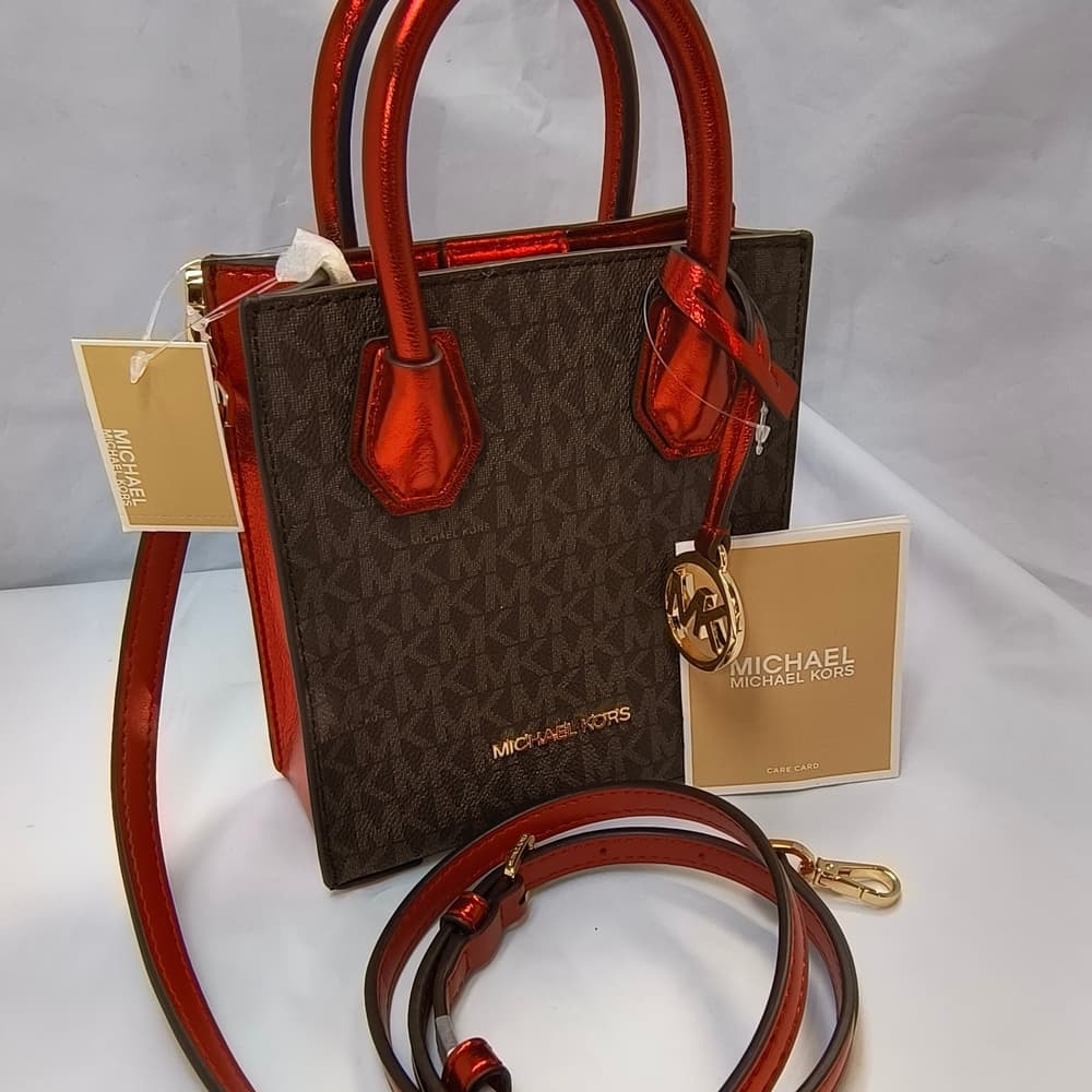 MICHAEL KORS Mercer Extra-Small Signature Logo Crossbody Bag in Metallic Red - Thumbnail 17