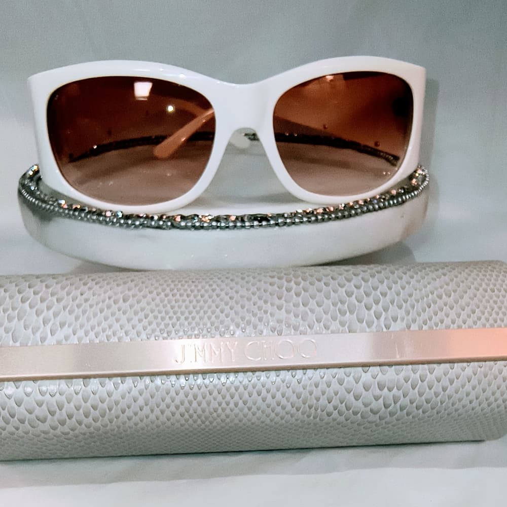 JIMMY CHOO White Sunglasses with Gold & Snakeskin Pattern Accent and with Case