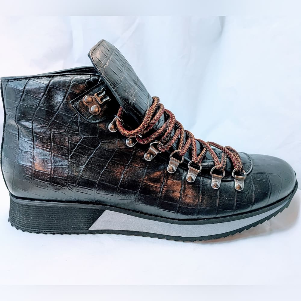 PRADA NEW Men's Black Crocodile Pattern Hiking Boots, Size 43