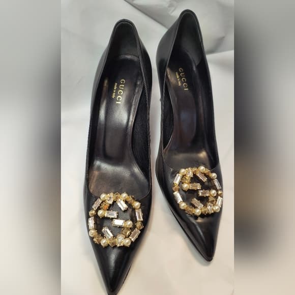 GUCCI Black Heels with Gold & Crystal Accents, Size 36 - Thumbnail 16